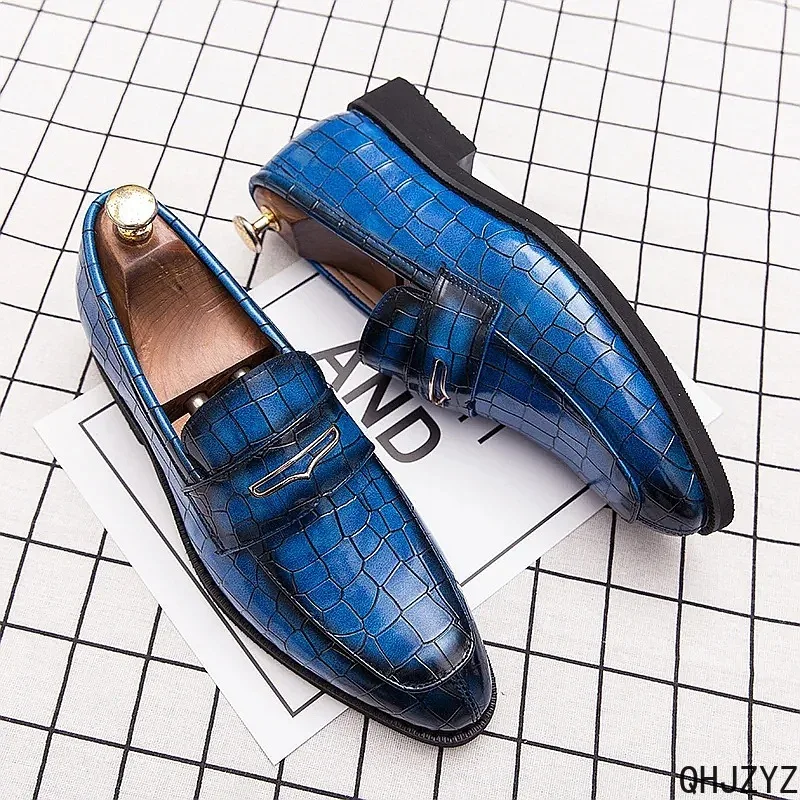 Spring Italian Men's Blue Leather Shoes Big Size 38-48 Yellow Formal Driving Loafers Red Wedding Casual Shoes