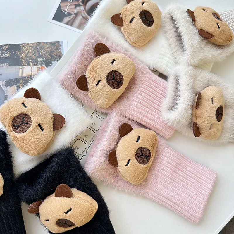Cute Kapibala Capybara Plushie Doll Knitted Gloves Women's Winter Warm Wrist Gloves Girls Mittens Lolita Goth Fingerless Gloves image 6
