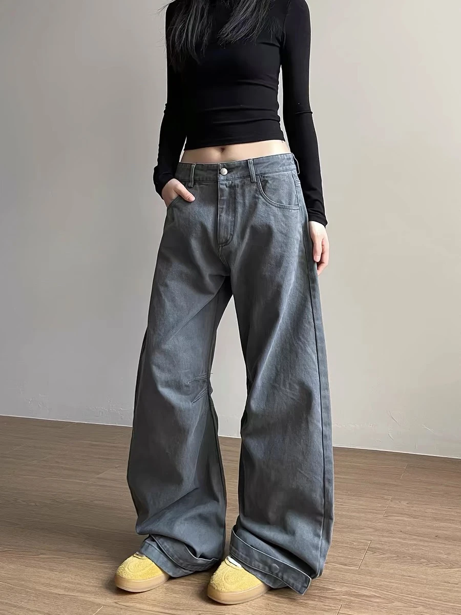 Pantalon de travail avec couteau à jambes larges, style rétro américain, ample et plissé, Design sens, droit, longueur au sol