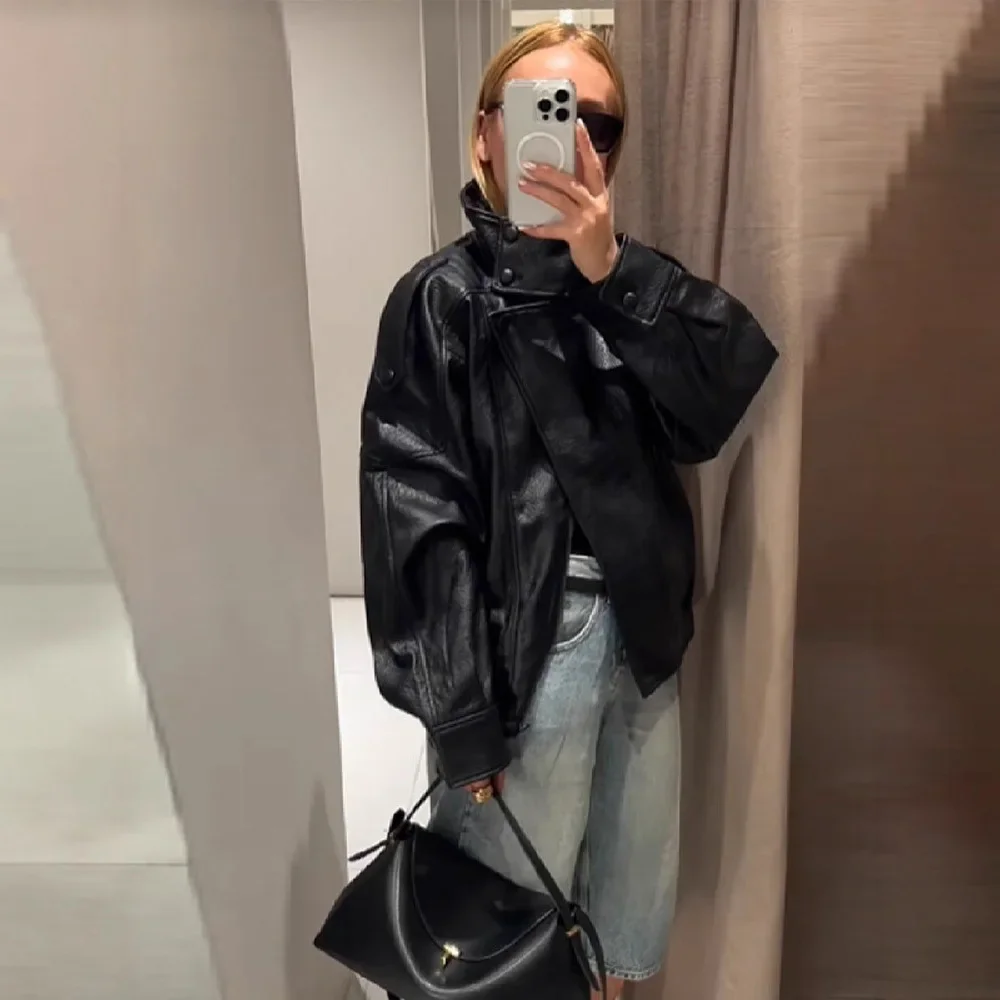 

Куртки из искусственной кожи, женские модные куртки с воротником-стойкой и длинными рукавами, двойными пуговицами, уличные пальто, женская повседневная уличная одежда, верхняя одежда