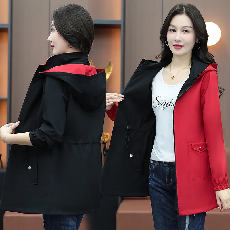 Primavera Autunno Donna Trench double face 2026 Nuovo cappotto coreano con cappuccio medio lungo Giacca a vento femminile Tuta sportiva Gabardina Mujer