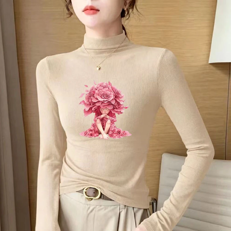 Winter Women's Thermal Brushed Fleece Half Mock Neck Long Sleeve T Shirt Rose Petal Girl Sitting Graphic Warm Tee