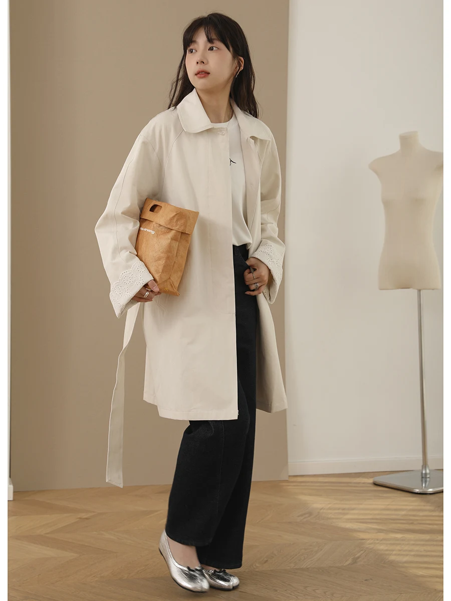

Classic Korean Sle Women's Mid-Length Jaet Coat Spring New Arrival Sve Colion Lace Trim Windbreaker Outerwear