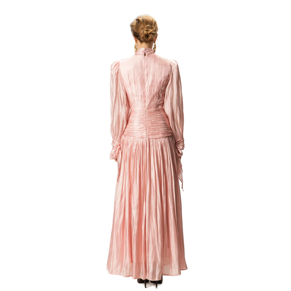 Abito da donna in raso rosso con collo alto e maniche lunghe, polsini, maxi abiti in vita pieghettati, abito da ballo per feste/eventi