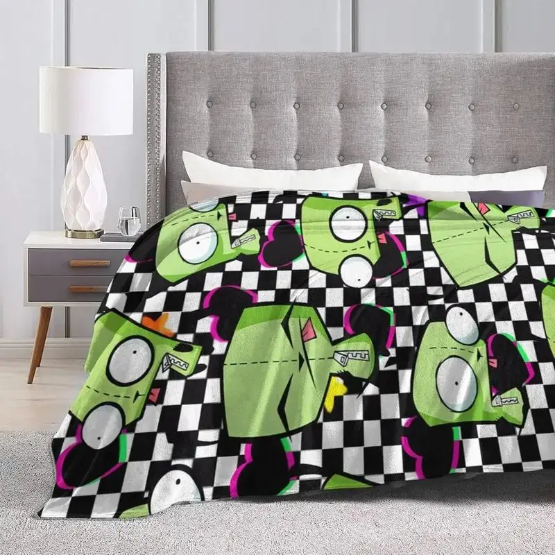 VIKAMA Y2K Cartoon Green Bot Throw Blanket Neon Heart Checkerboard Soft Flannel Dorm Decor Gift Boys Girls Alt Anime Fans