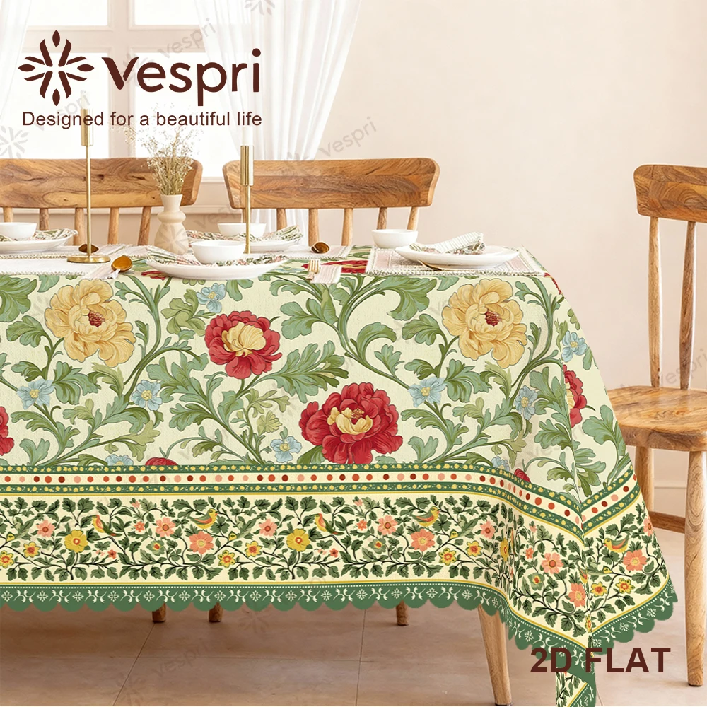 Vespri Blumen-Tischdecke Pastellgrün Weiß mit Blumen Blättern Vögeln Rund Rechteckig Oval Oster-Frühlings-Tischdecke für Partys
