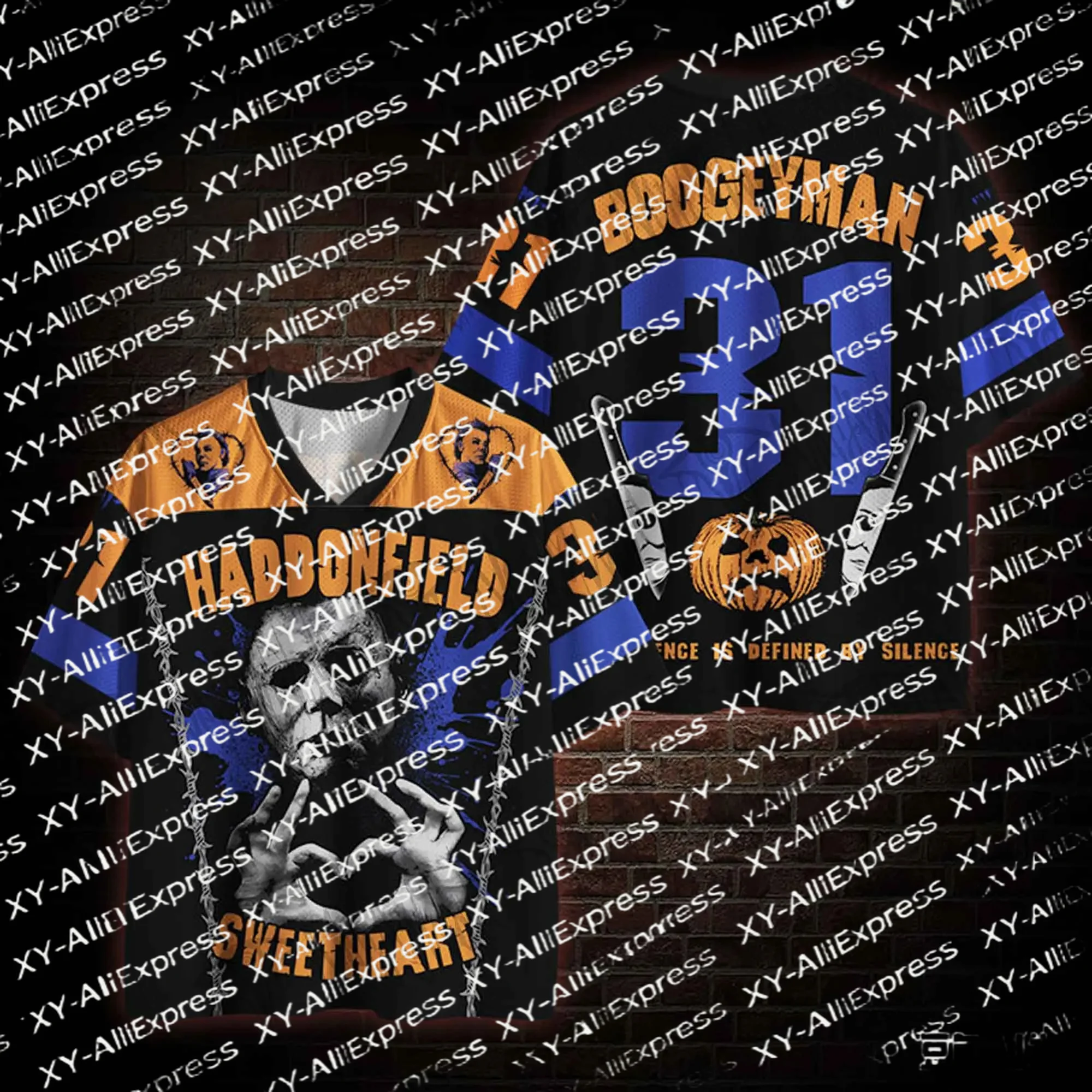 Halloween Pattern Football Jersey, 3D Print, Color-block Mesh Top, Loose Short-sleeve Shirt, for Costume Parties Everyday Wear