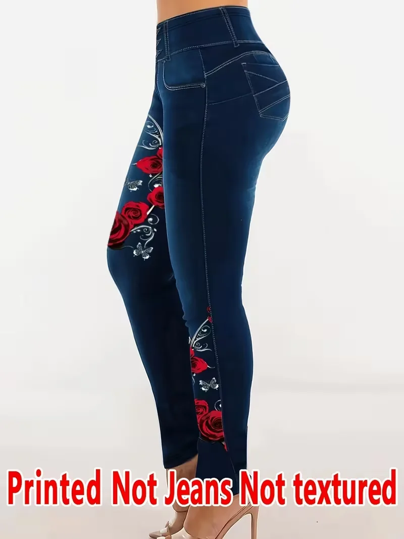 Bedruckte Leggings für Damen, kein Denim-Stoff, Hosen mit aufgesetzter Tasche und Knopfdruck-Design, hochelastisch, modisch, schmal geschnitten, lässig – Detail 2