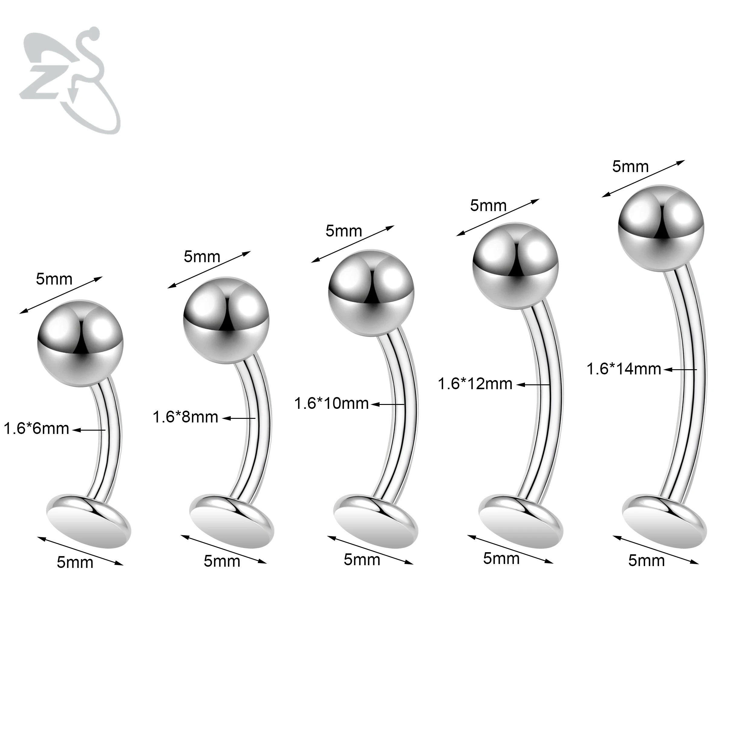 ZS 1 Piece Internal Thread Stainless Steel Belly Button Ring Floating Navel Piercings 14G Curved Umbilical Ring Jewelry 6MM-14MM