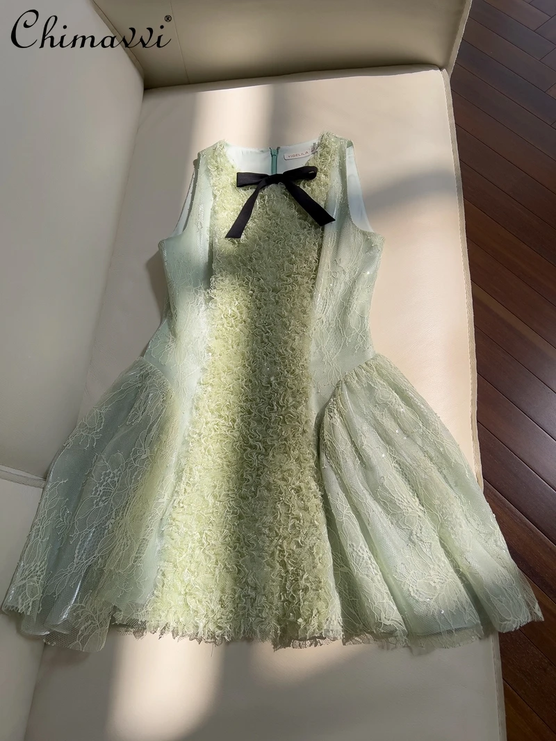 

French Style Luxury High-End Pure Desire Vest Green Lace Dress 2025 Summer New Fashionable Elegant Birthday Dresses Women