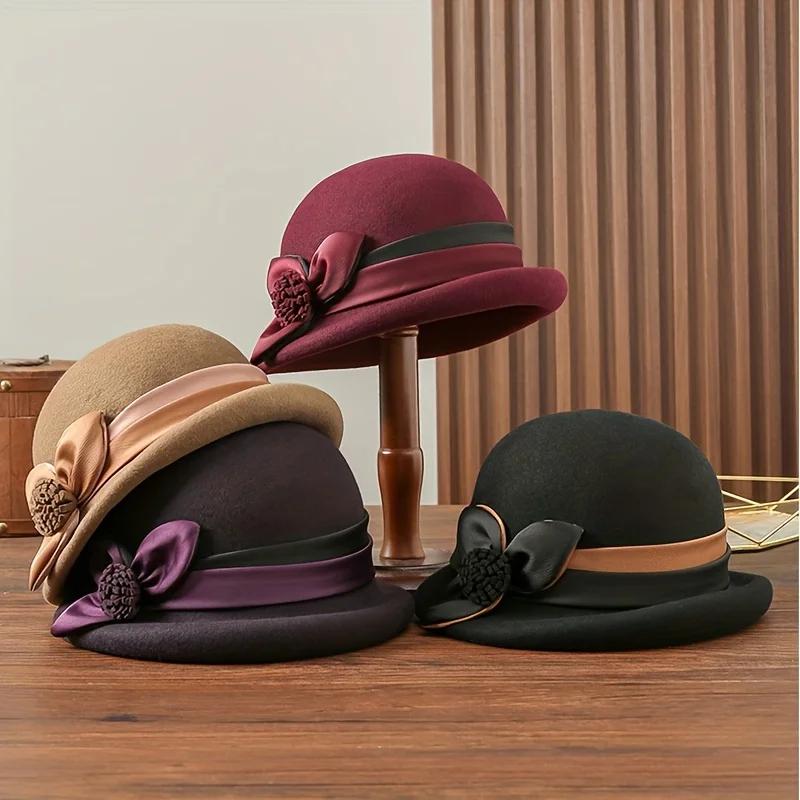 Autumn and Winter Hat Women's Pure Wool Top Hat Temperament Setting Hat Elegant Round Top British Fashion Flower Woolen Hat