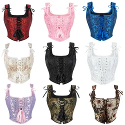 Victorian Fashion Corset Crop Top Vintage Jacquard Lace-Up Bustiers with Straps Gothic Vest Waist Trainer Overbust Corselet