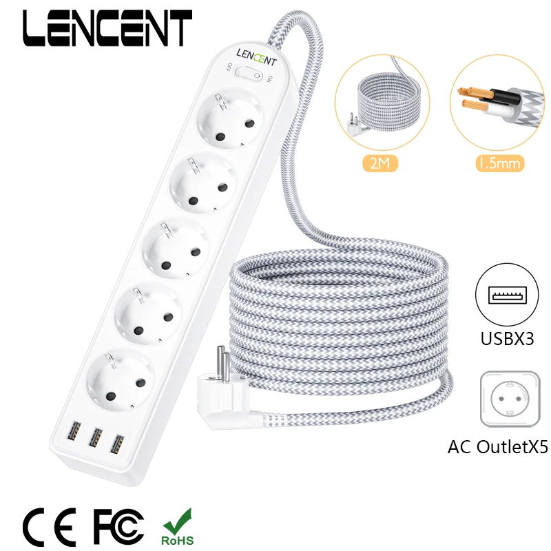 LENCENT EU Power Strip with 5 Outlets and 3 USB Ports 5V/2.4A 4000W 8 in 1 Multiple Socket with On/Off Switch 2/3M Cable Socket