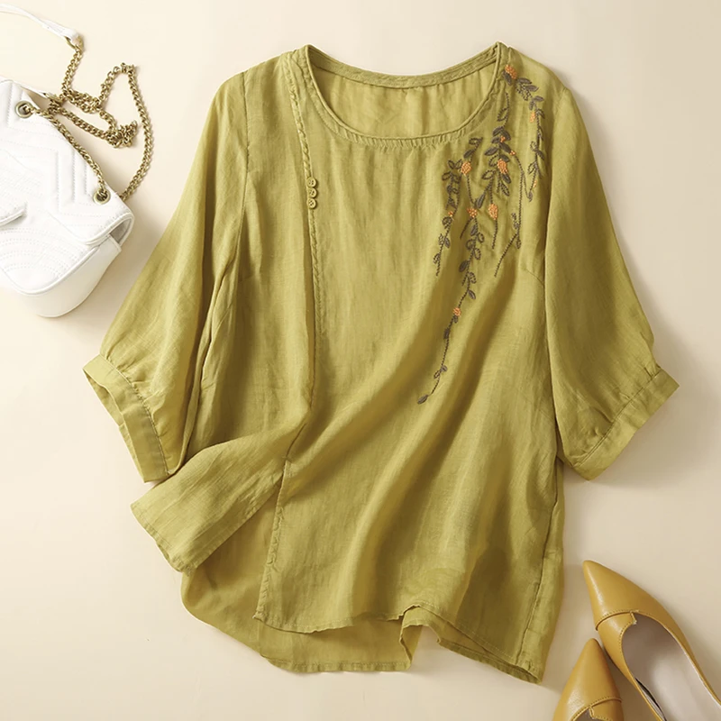 

Футболка с вышивкой из хлопка и льна Le с декоративными пуговицами, круглая футболка Ne f Sve, женский летний топ большого размера