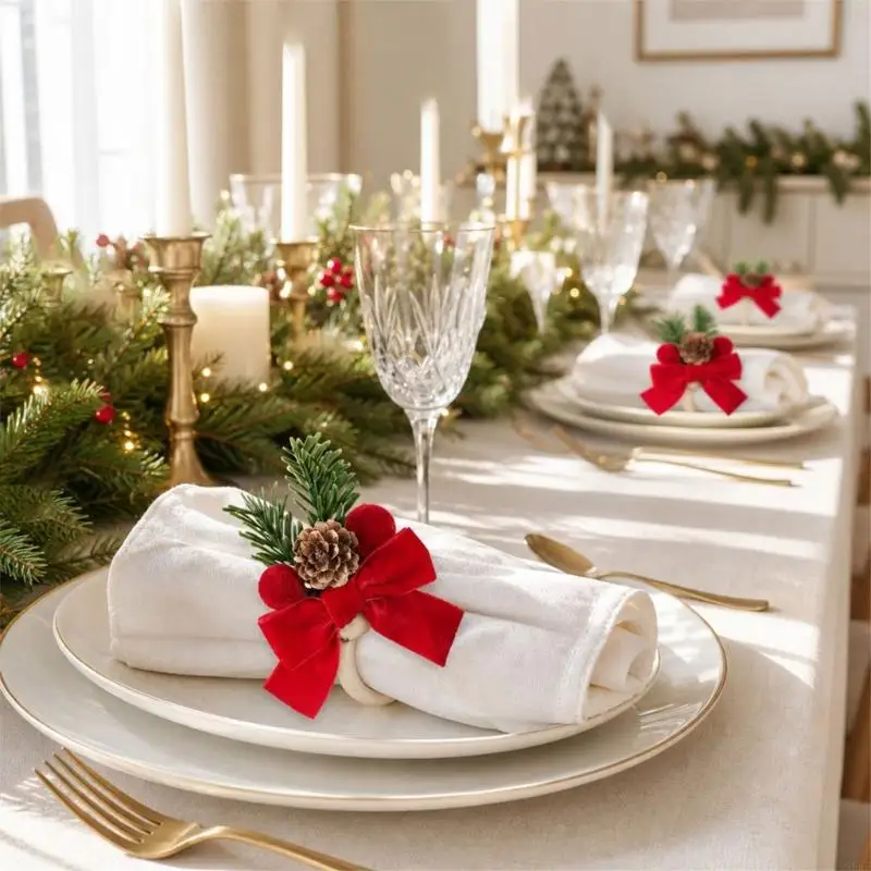 Decorative Napkin Rings Set of 6 with Red Fabric Front Trim for Organized Wedding and Family Dinner Table Displays 55KF