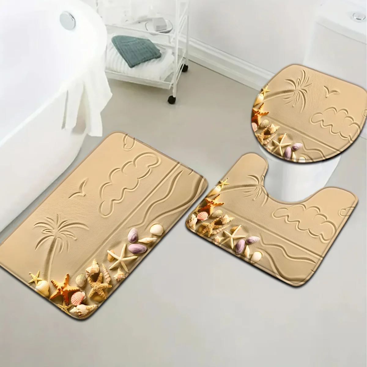 3pcs Beach Coconut Tree Bathroom Rug Set Non-Slip U-Shaped Mat and Toilet Lid Cover Ocean Shell Theme Washable Floor Mats