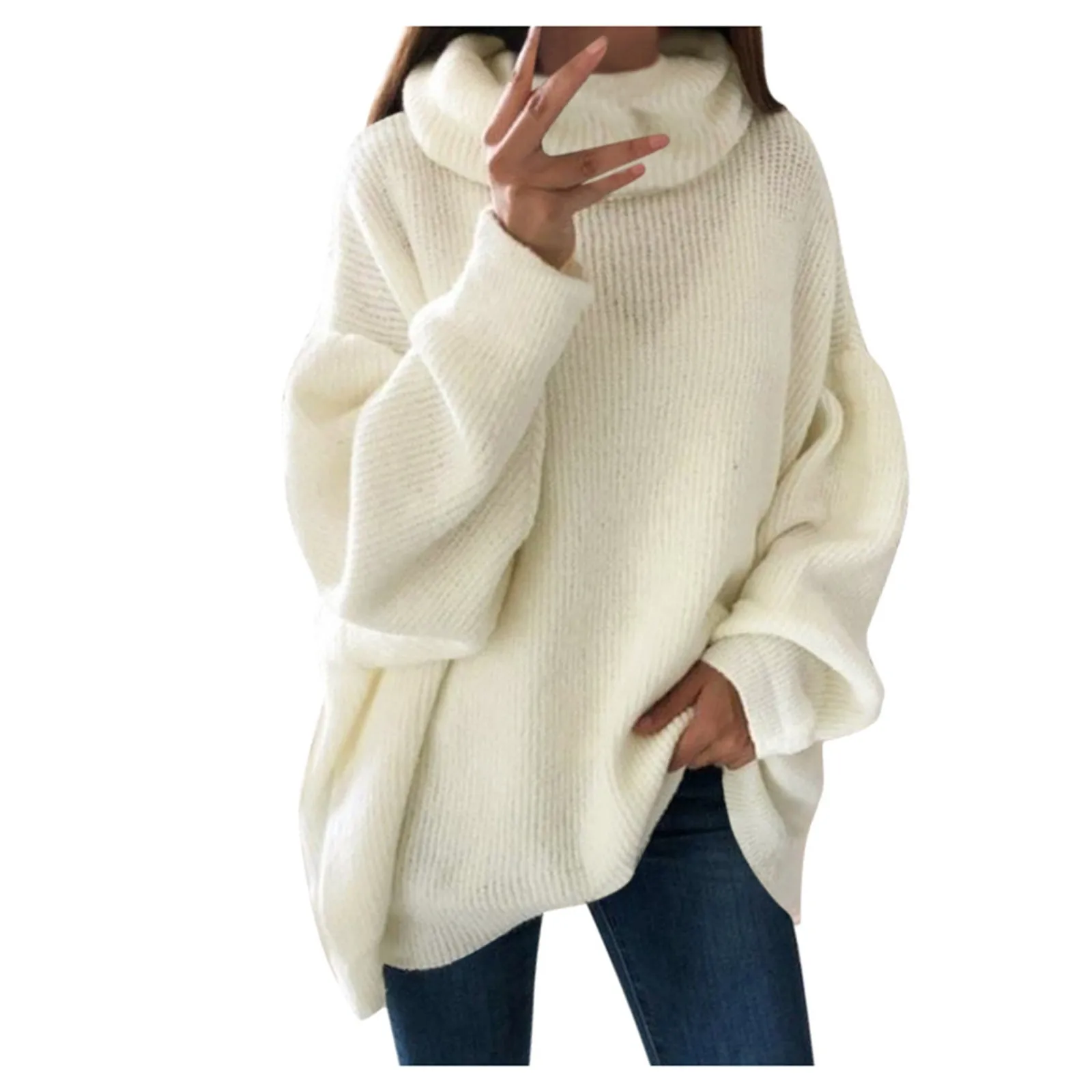 2024 Women Sweater Oversized Turtleneck Pile Collar Autumn Winter Long Sweater Loose Pullover Stretchy Knitwear suéteres свитер