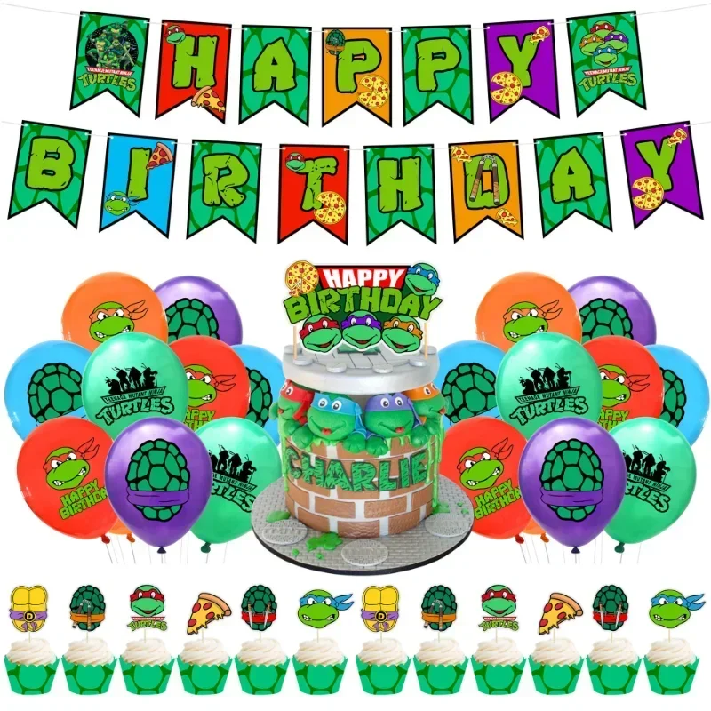 TMNT Ninja Turtles Napkin Happy Birthday Confetti Latex Balloons Birthday Party Decorations  Banner Kids Cake Flag Boys Party