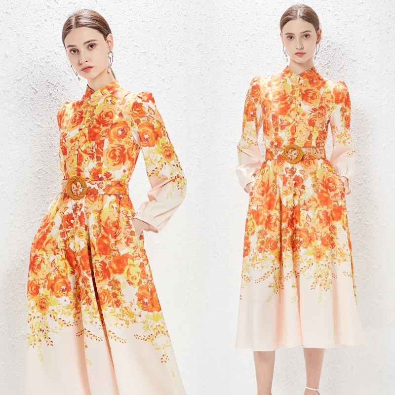 Real Shot Spot Nischen-Urlaubsstil, einreihiges Kleid, bedruckt, große Swing-Tasche, elegantes,