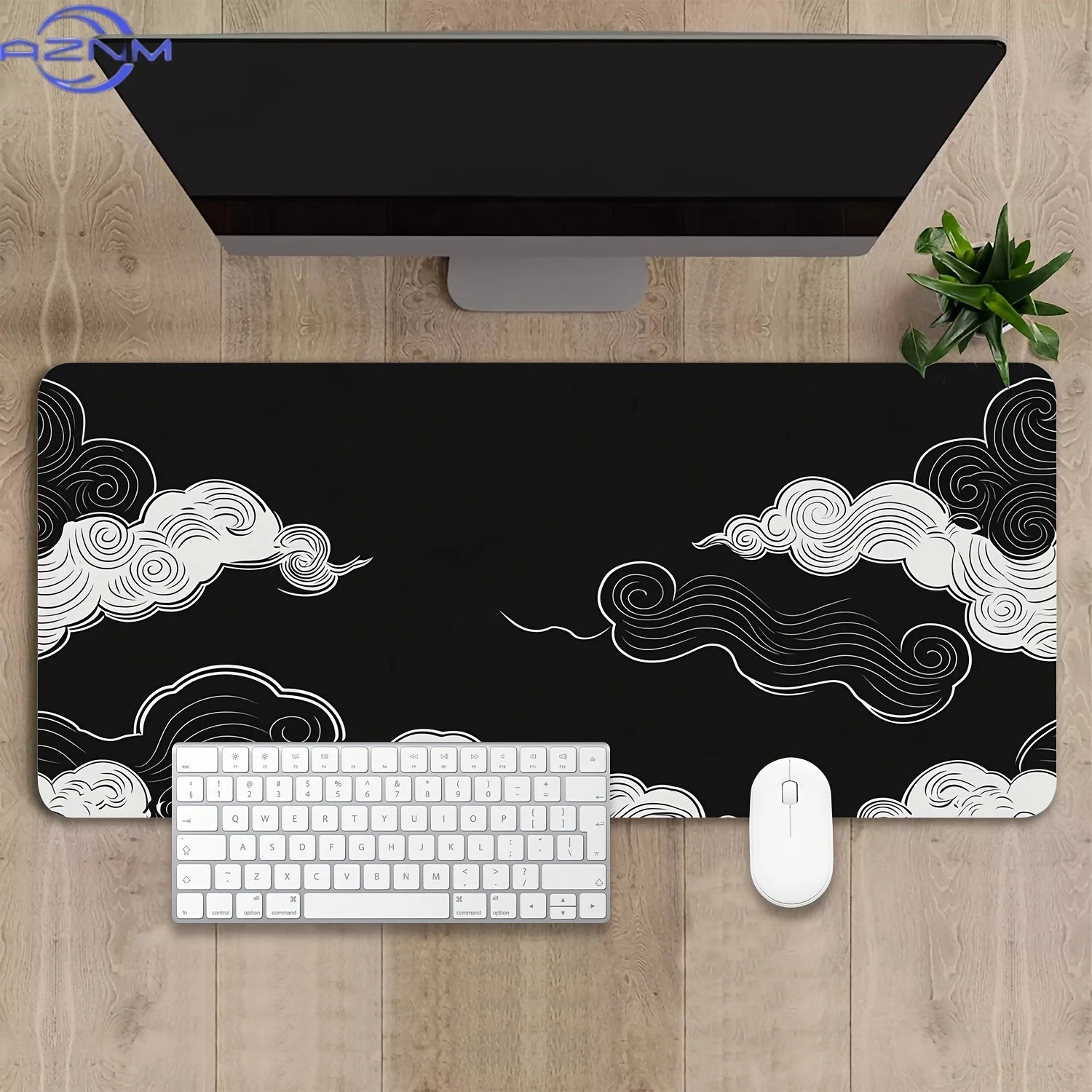Extra Large Non-Slip Desk Mat with Cloud Motifs Design - Black & White Swirl Pattern Gaming Mouse Pad & Keyboard Cover for Offic