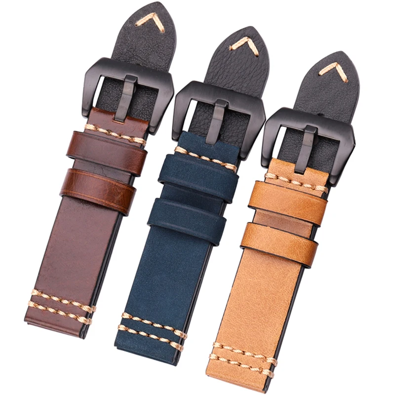 Genuine Leather Watchband Bracelet Brown Yellow Blue Women Men Handmade Cowhide Watch Band 20mm 22mm 24mm Strap With Pin Buckle