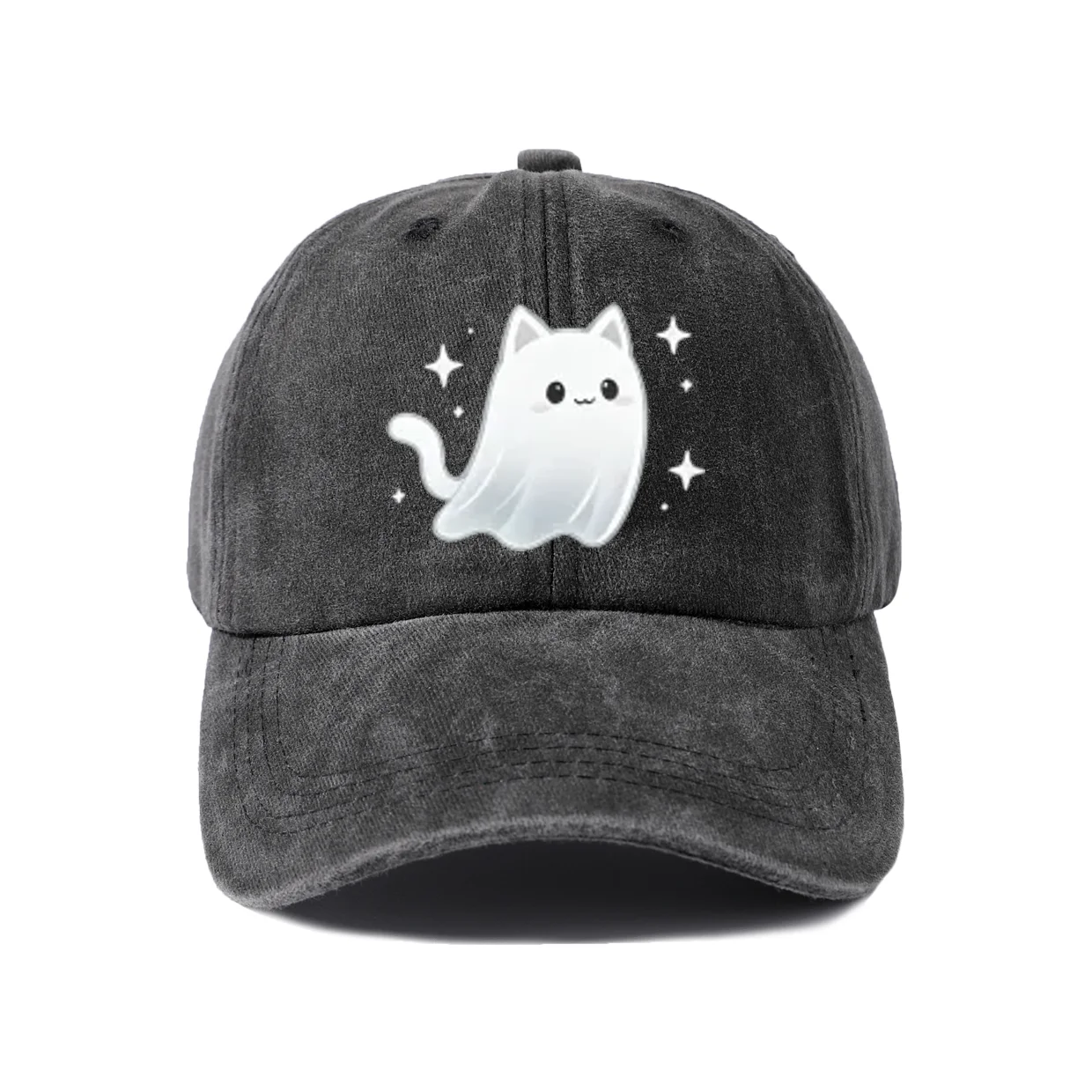 Cute Ghost Cat Graphic Baseball Cap, Vintage Washed Adjustable Unisex Dad Hat, Streetwear Gift