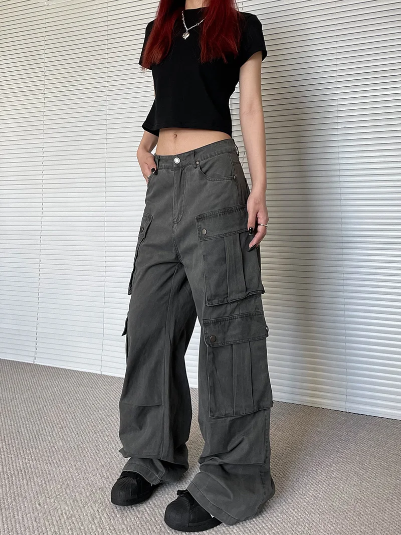 

Aket American Sle Vintage Deep ey Multi-ket Work Pants Women's CleanFit Loose Straight Leg Trousers