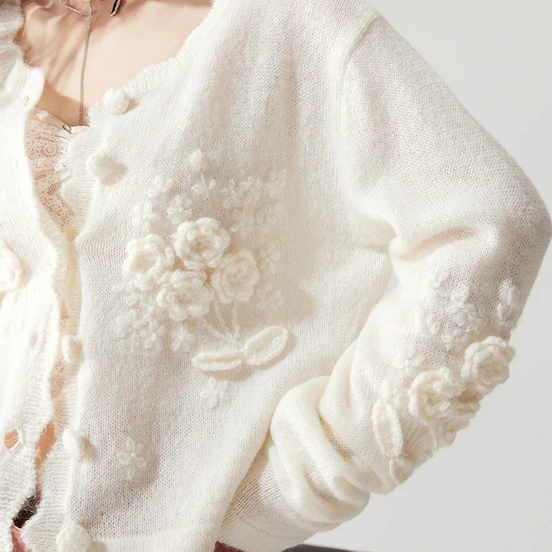 ARTKA 2023 Autumn New Elegant Handmade Crochet Flower Wool Knitted Sweater Long Sleeve White Cardigan Outerwear Female WB92332Q