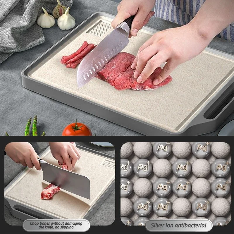 Antibacterial Double-Sided Cutting Board 201 Stainless Steel & Grain Fiber Non-Slip Food Safe Kitchen Chopping Board for Meat