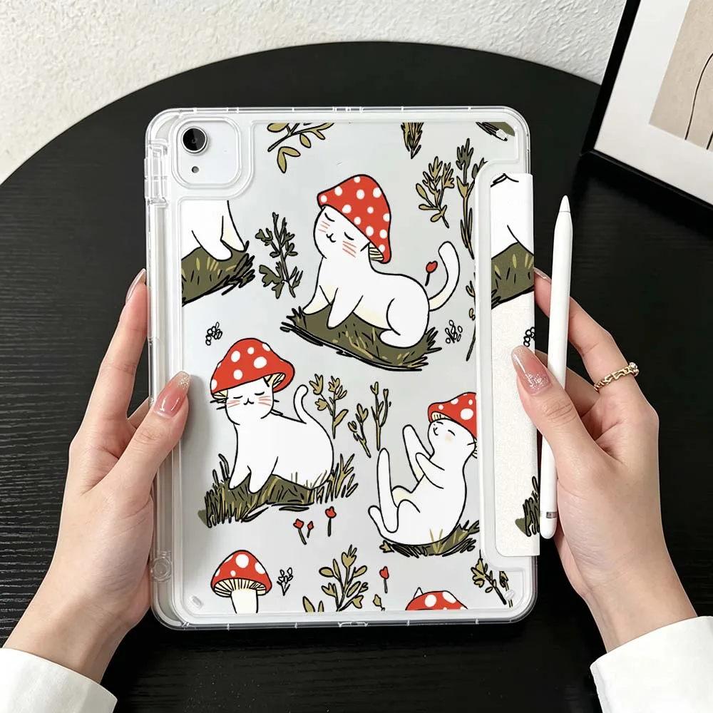 Cartoon Cat Fish Bone For iPad Mini Pro Air 5 6 7 8 9 10th 11th 11 9.7 10.9 13 inch Transparent Y-Shaped Folding Tablet Case