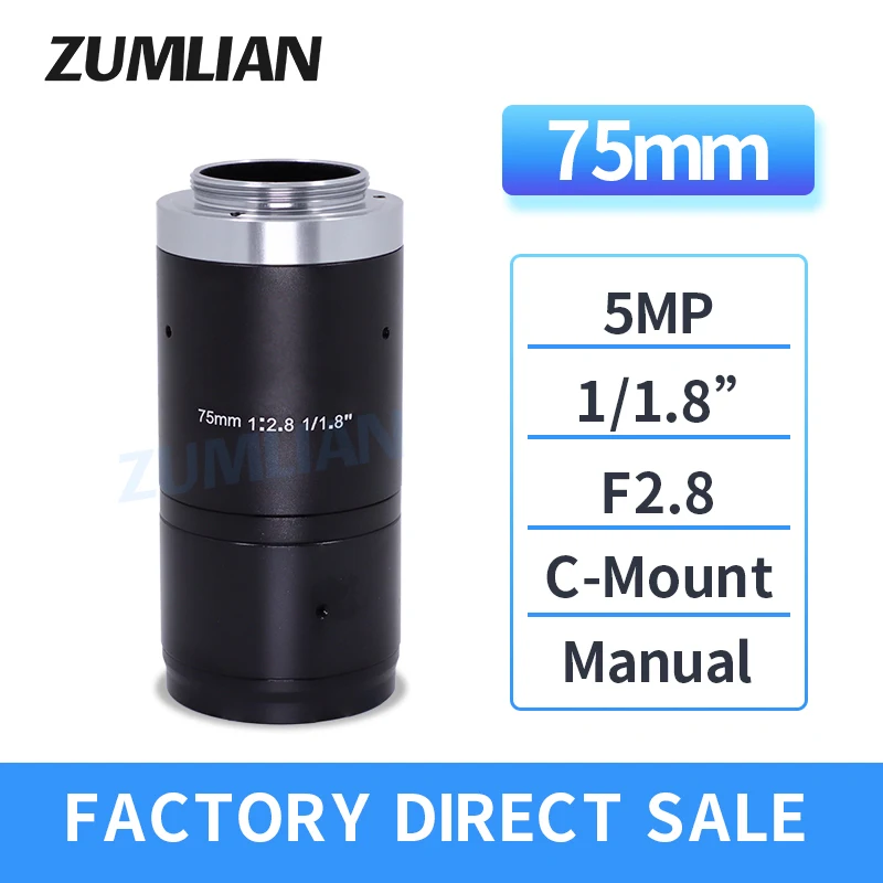 ZUMLIAN 75mm Lens 5MP Long Focus Length Lens C-Mount Camera 1/1.8 Inch Optice Lens F2.8 Manual Iris for CCTV/FA Cameras