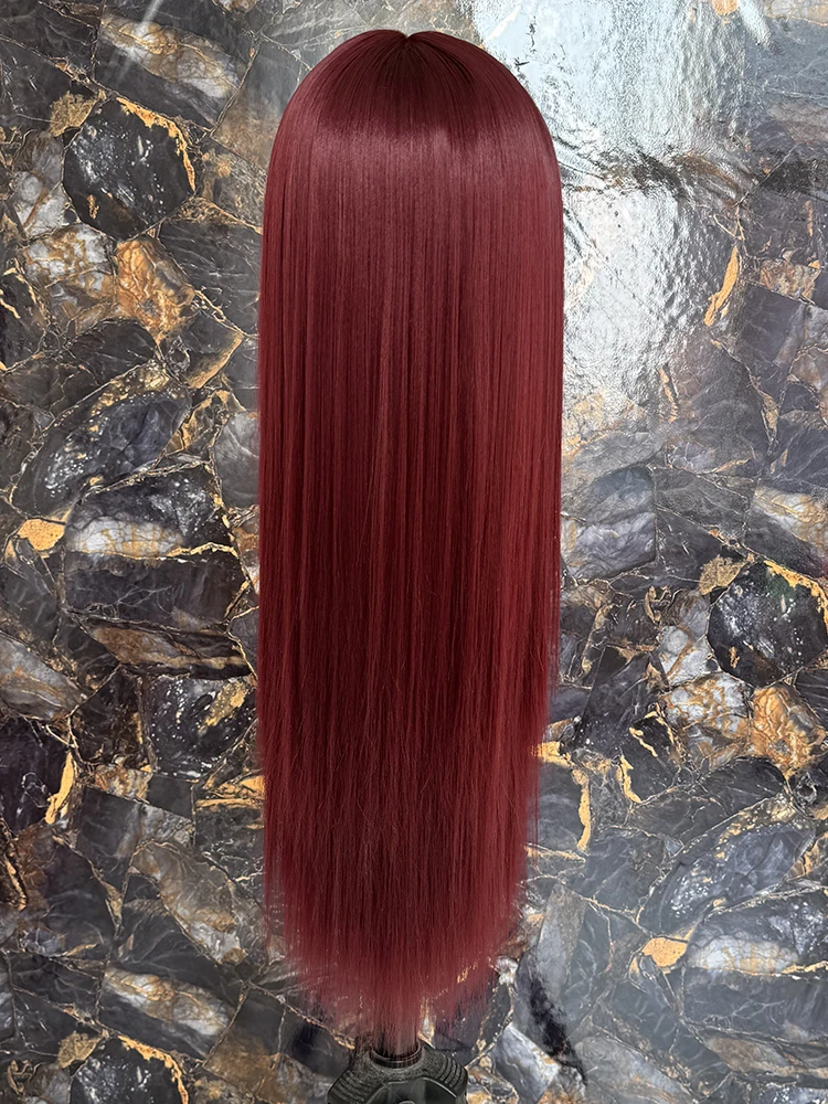 Borgonha reta Lace Front perucas, resistente ao calor, sintético, pré arrancado, parte livre frontal perucas, 13*6