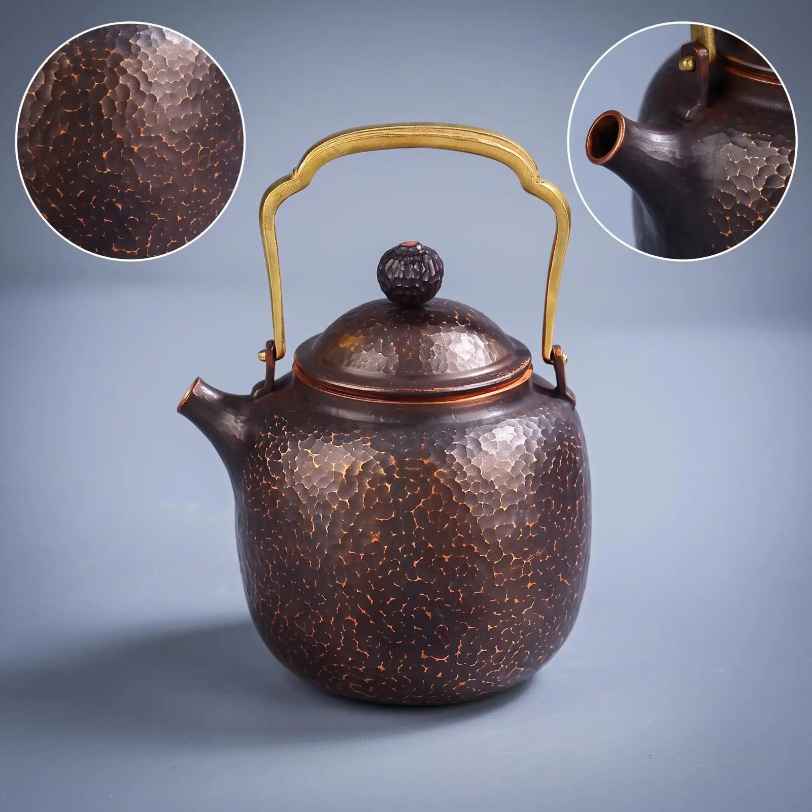 Pure Copper Tea Kettle for Brewing Loose Leaf Tea Hand Hammered Surface with Embossed Lid and Elegant Pouring Spout Design