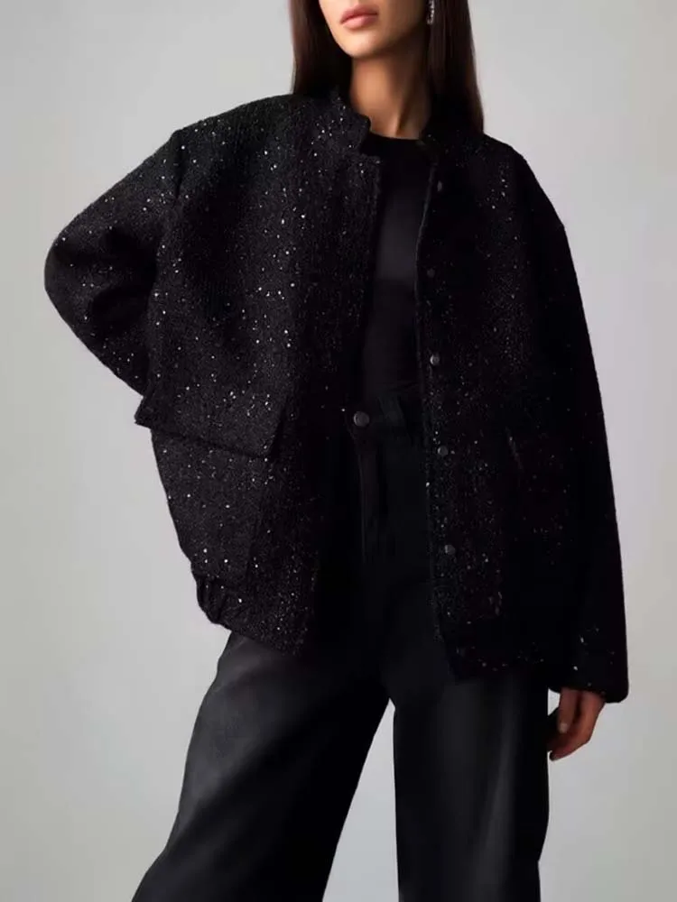 Fashionable Women's Sequined Bomer Jacket Stand Collar Autumn Winter Outerwear Gold Silver Loose Chic Streetwear Coat Female
