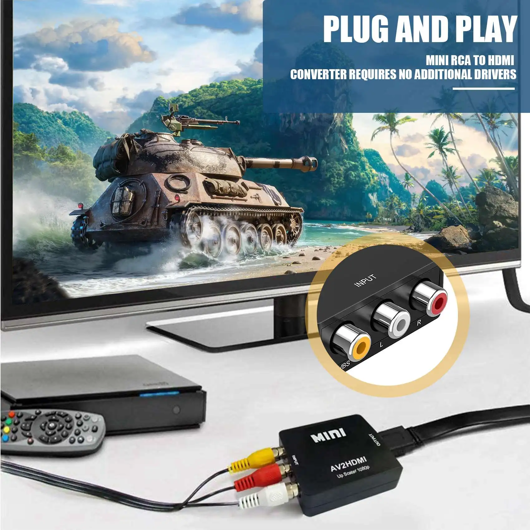 محول RCA إلى HDMI، AV إلى HDMI، 1080P Mini RCA CVBS محول صوت فيديو PAL/NTSC للتلفزيون/PC/ PS3/ STB/Xbox VHS B20