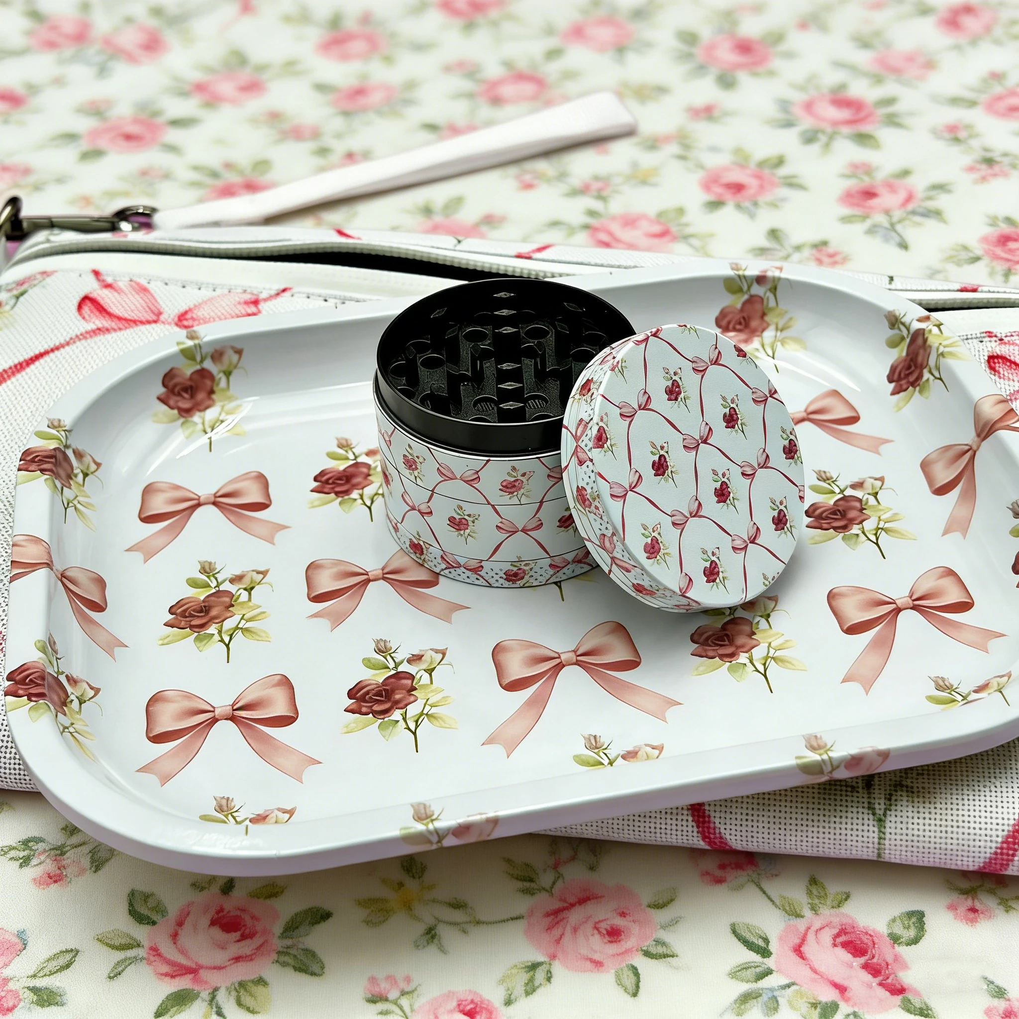 1/2 Pieces Bows & Roses Metal Rolling Tray and Herb Grinder Smoking Combo