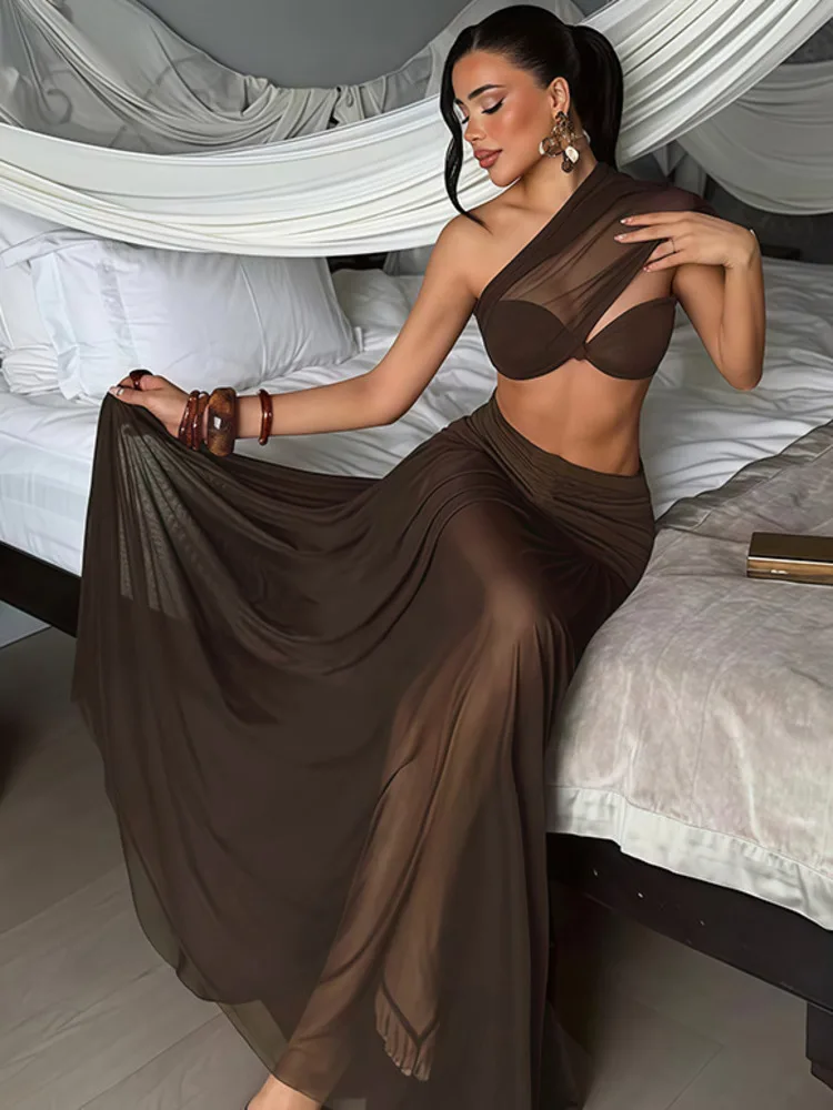 Sibybo Skew Collar Sheer Mesh Patchwork Women Skirt Sets One Shoulder Crop Tops High Waist Draped Long Skirt Party Matching Sets