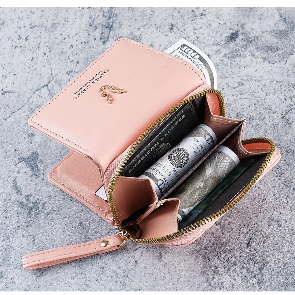 Pu Leather Wallet Lightweight Tri-Fold Wallet Wrist Strap Wallet Compact For Daily Outings Shopping Handbag