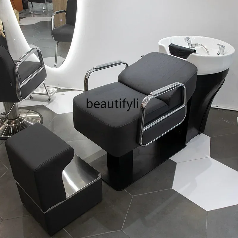 

ss newLying Half Shampoo Chair Barber Shop Deepening Ceramic Basin Cosmetology Shop Massage Flushing Bed