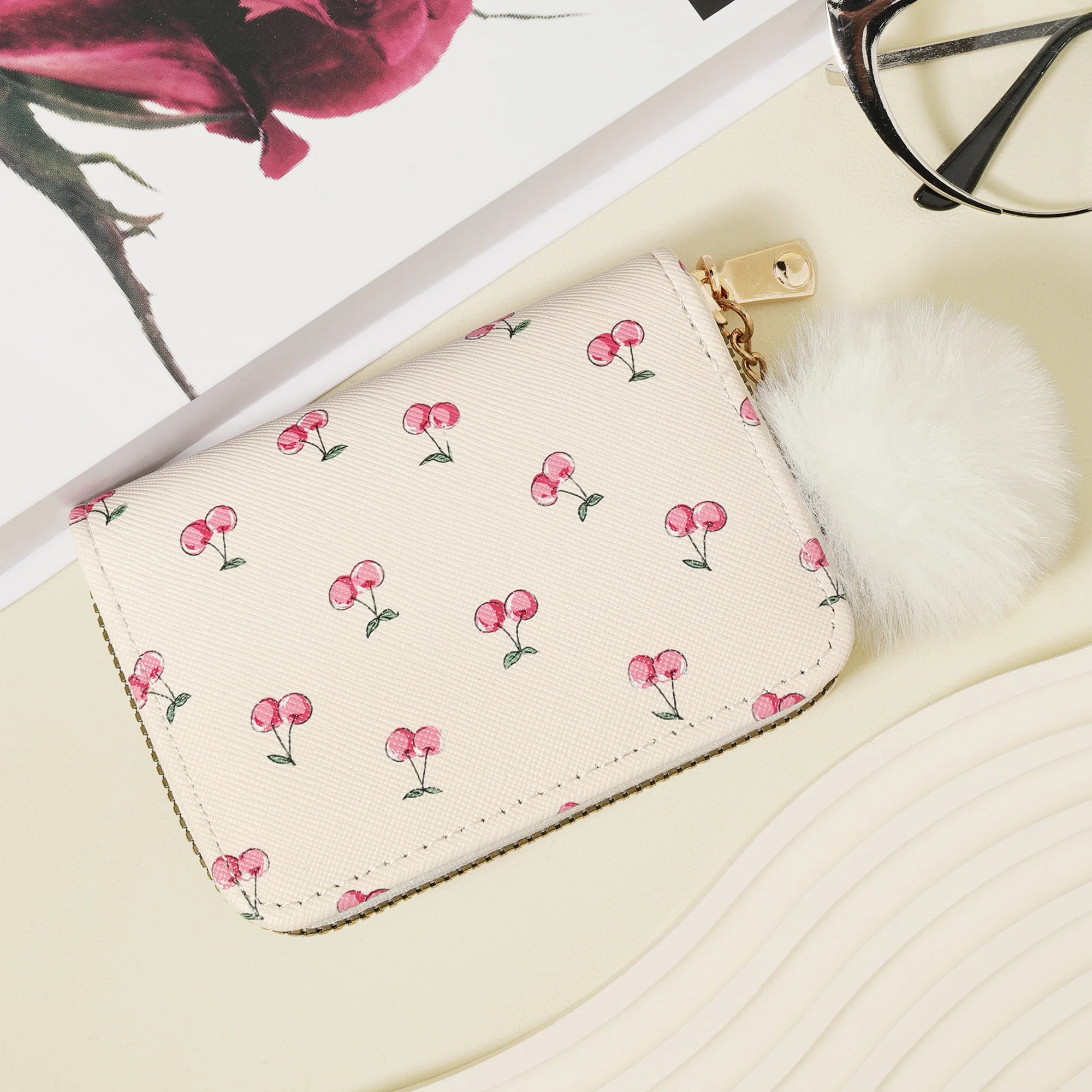 محفظة بطاقات ائتمان نسائية عصرية جديدة، مزينة بوم بوم رقيقة، محفظة للعملات المعدنية بسحاب، غطاء سحاب نسائي #4