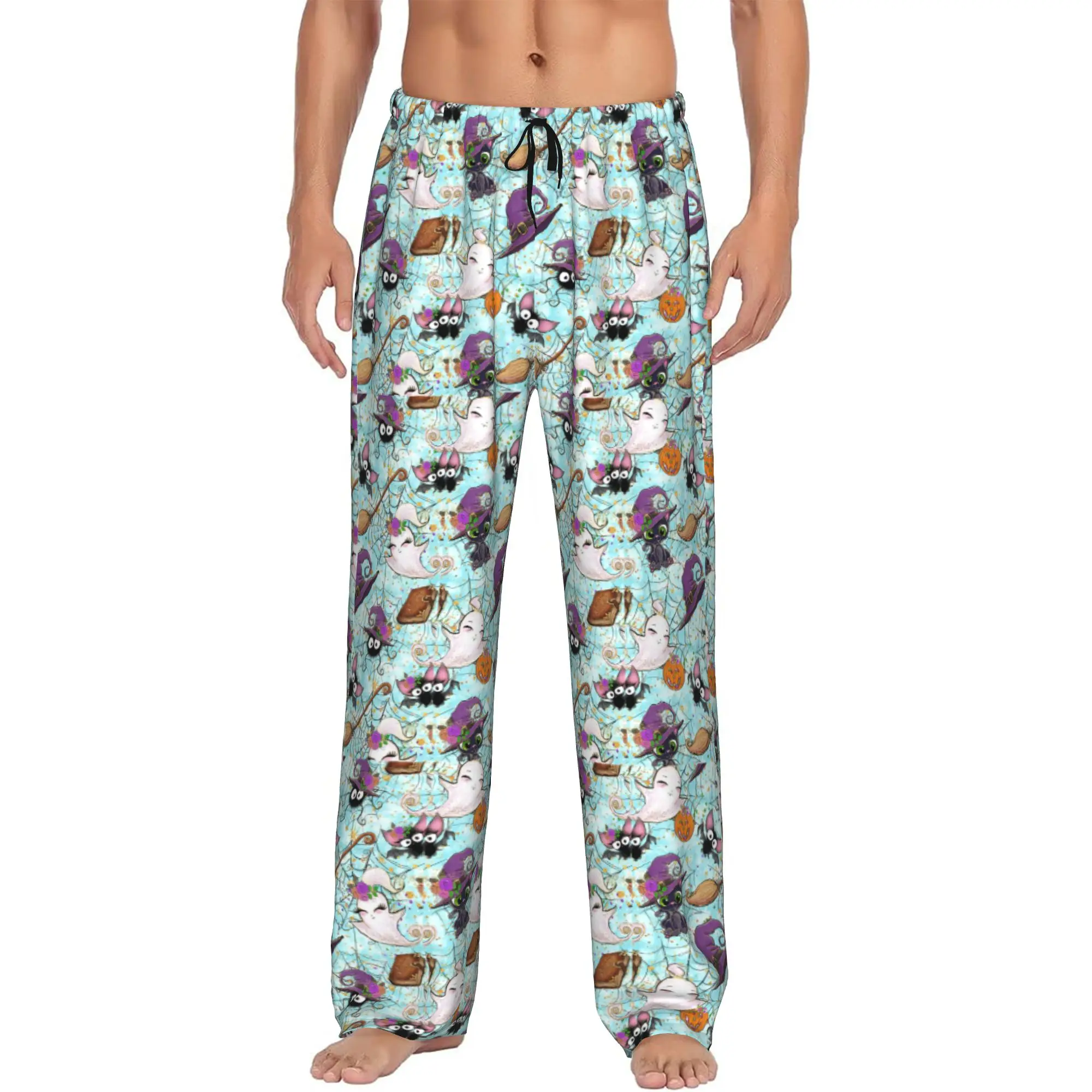 Custom Halloween Skull Pattern Spooky Bats Pajama Pants Men's  Lounge Sleep Drawstring Sleepwear Bottoms with Pockets