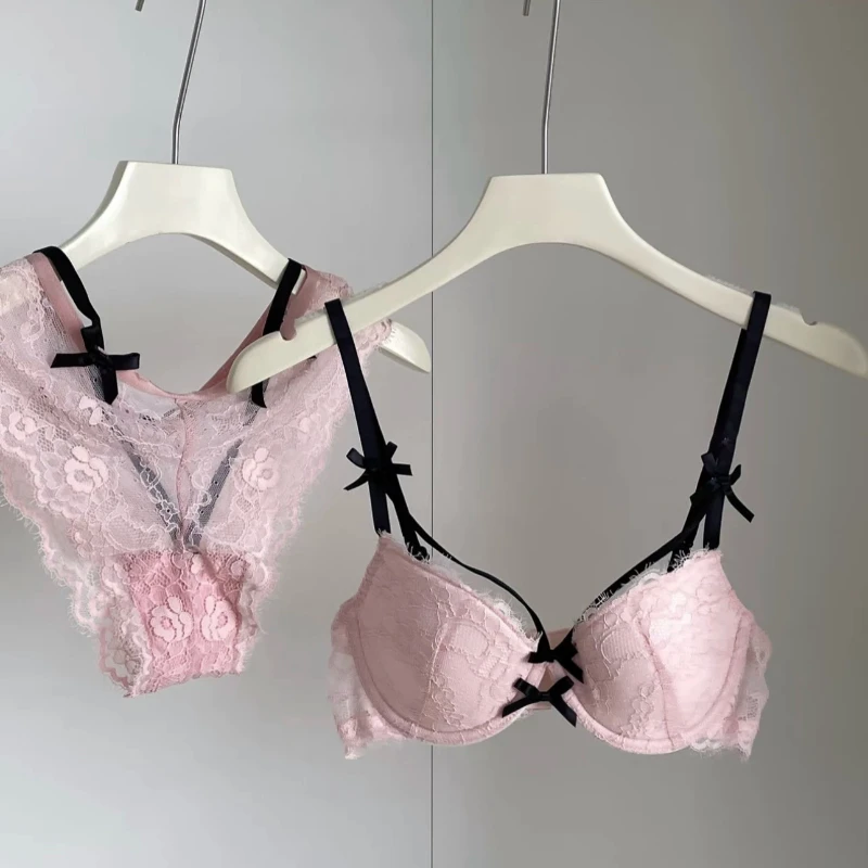 Women French Lace Bra with Bow Pure Desire Hot Girl Style Wireless Small Bust Push Up Enhance Volume Lift Anti Sag Sexy Bralette