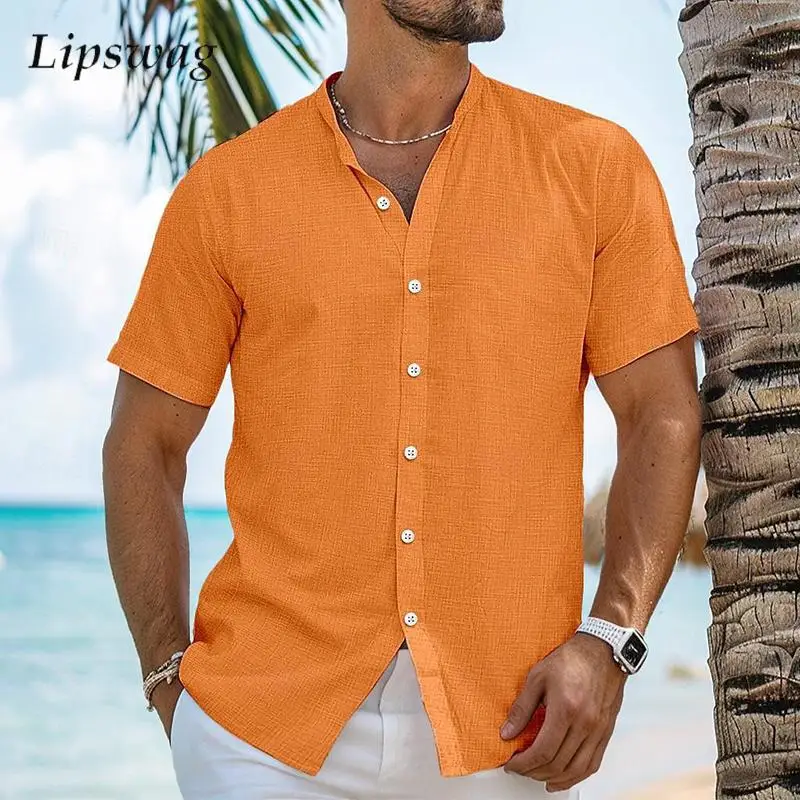 

Beach Fashion Cotton Linen Henley Shirts Men Short Sleeve Button Crew Neck Cardigan Tops Mens Summer Vintage Solid Color Shirt