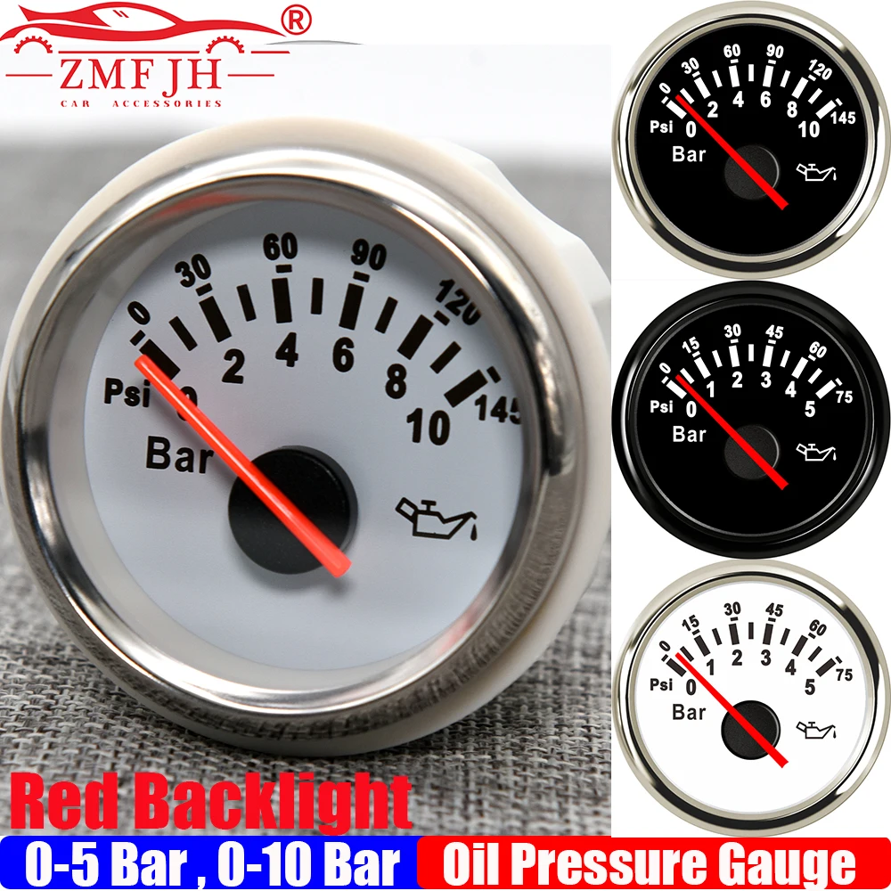 

ZMFJH Pointer 52MM Oil Pressure Gauge Red Backlight 0-5Bar,0-10Bar Oil Press Meter Indicator for Universal Car Marine Boat Yacht