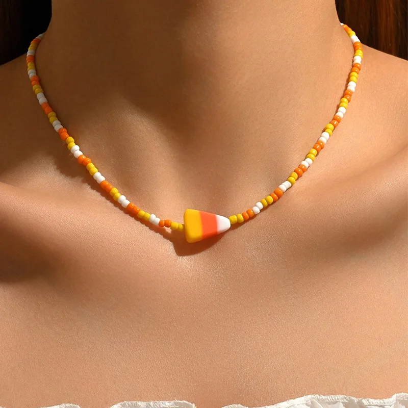 Halloween Candy Corn Beaded Necklace Colorful Seed Bead Choker Necklace Cute Halloween Party Jewelry Gift for Women