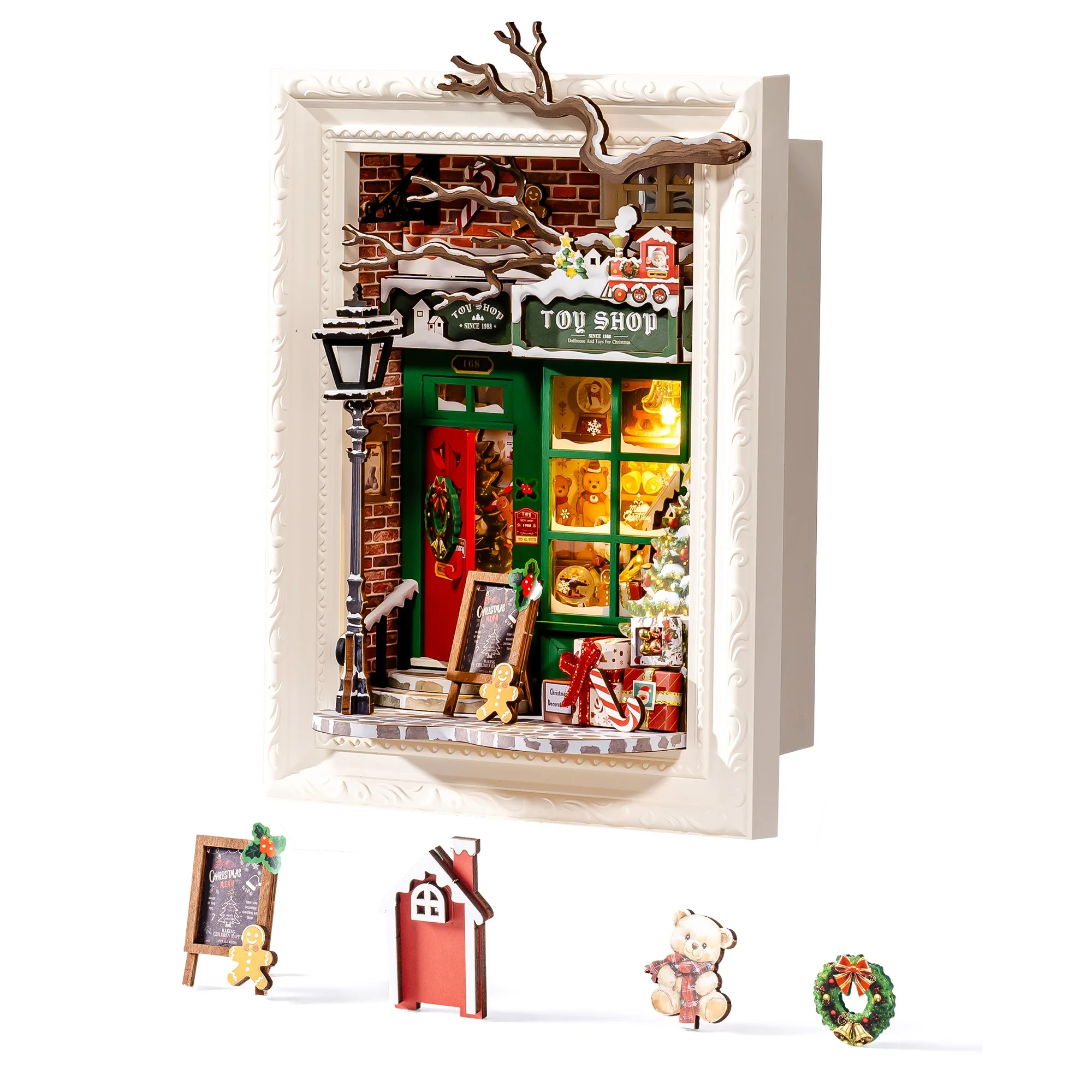 Rolife DIY Miniature House Kit Santa's Toy Shop Photo Frame Wooden 3D Puzzle for Wall Decor Wall-Mountable Dollhouse Model Building Kit Christmas Gift for Adults Friends