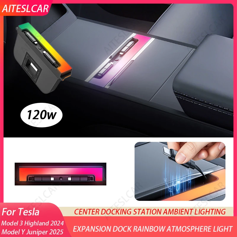 

Док-станция USB-концентратор для быстрой зарядки Tesla Model Y Juniper с радужным светом Model 3, выдвижное окружающее освещение с высокой степенью освещения