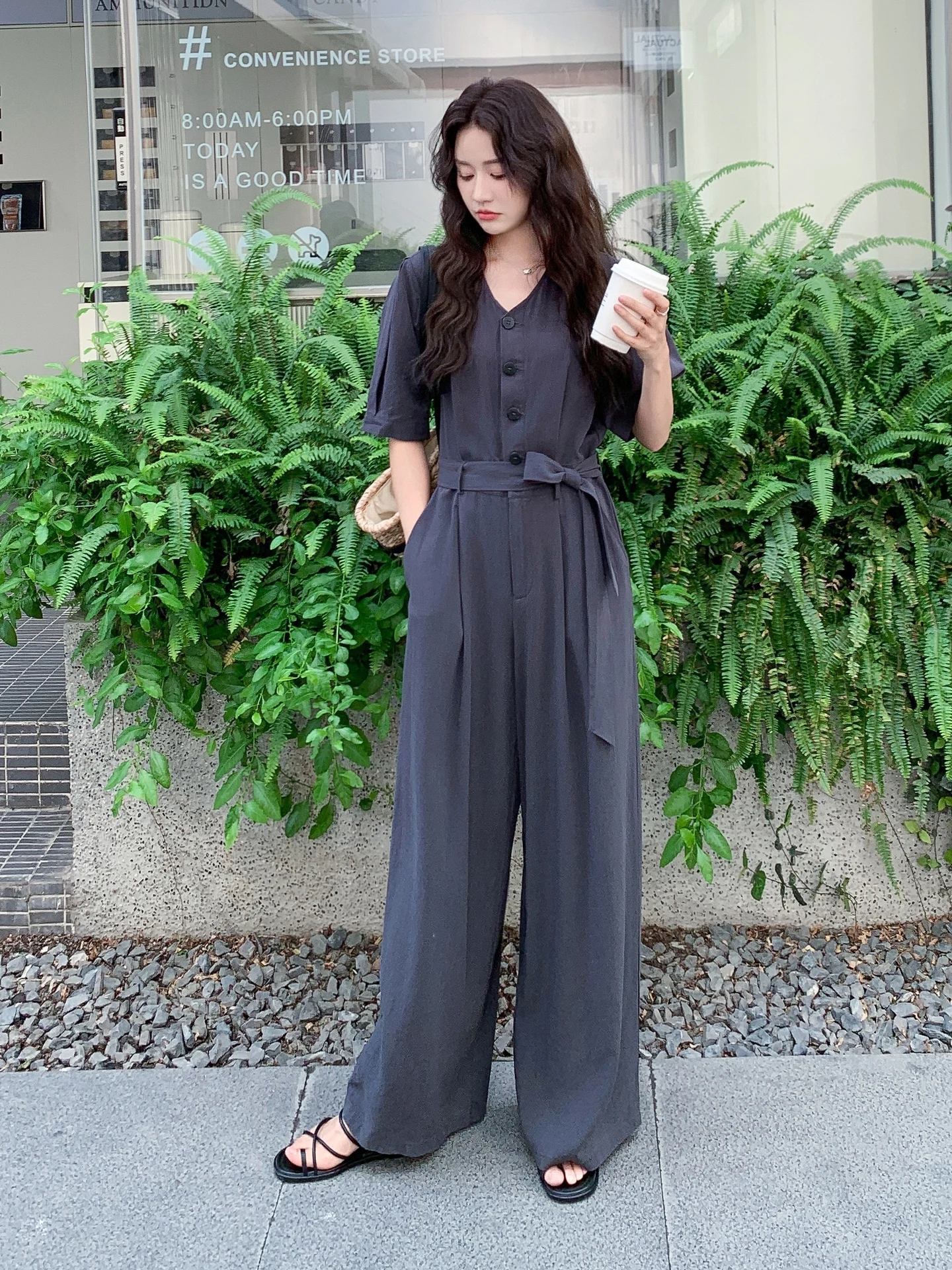 Ele Deep ey High Waist  Pants Women's Summer New Korean Sle Slimming Wide Leg Pants Commute Faion