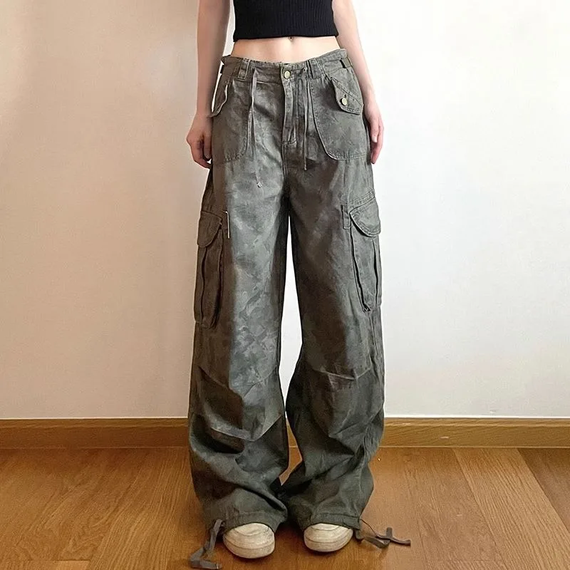 

American Vintage Camouflage Cargo Jeans High Street Low Waist Denim Pants for Women Summer Streetwear Pockets Hip Hop Trousers