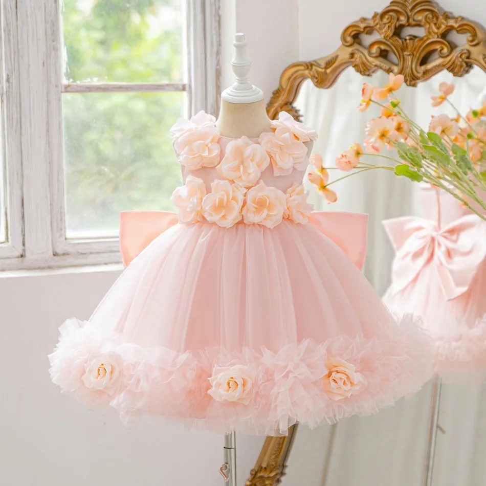 Girls Pink Flower Tulle Dress Sleeveless Floral Applique Bow Back Princess Birthday Party Formal Gown Kids Pageant Dress ASQ03